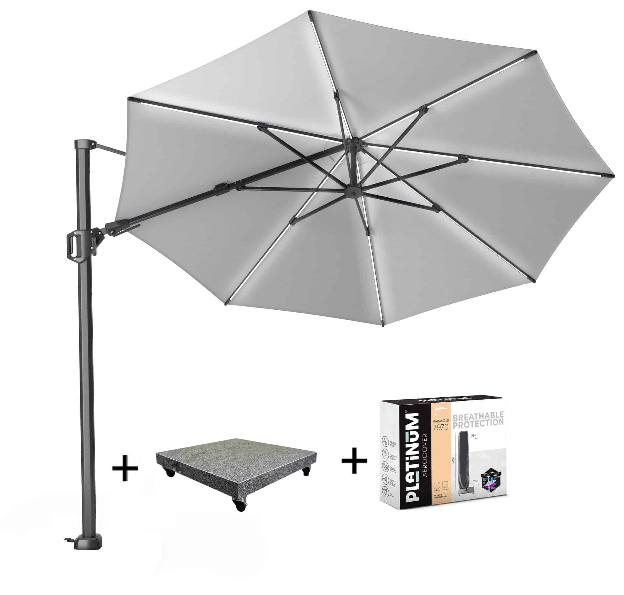 challenger t2 glow zweefparasol 350 cm rond lichtgrijs met 90kg voet en hoes