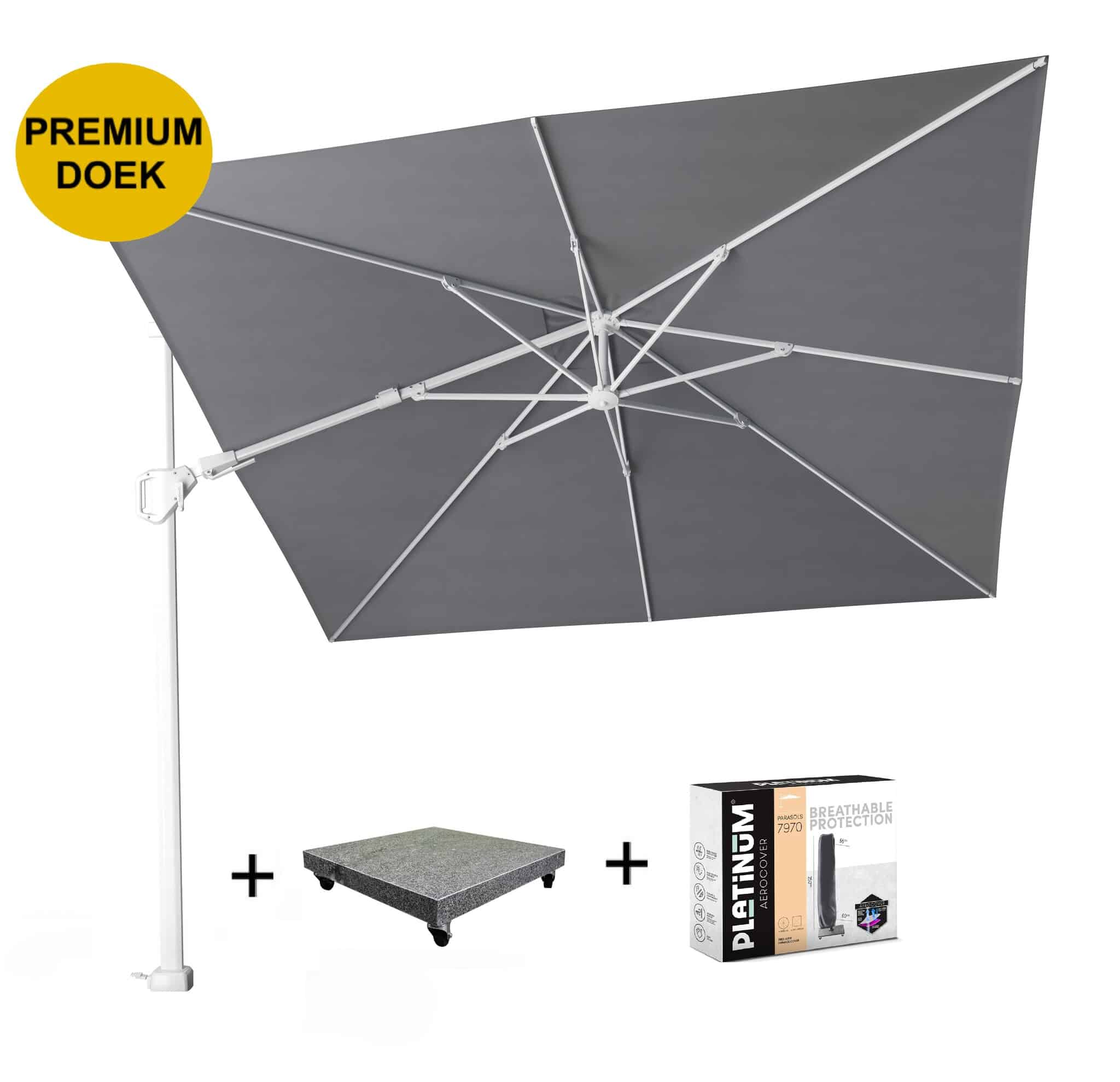 challenger t2 premium zweefparasol 300×300 cm witte mast manhattan met 90kg voet en hoes