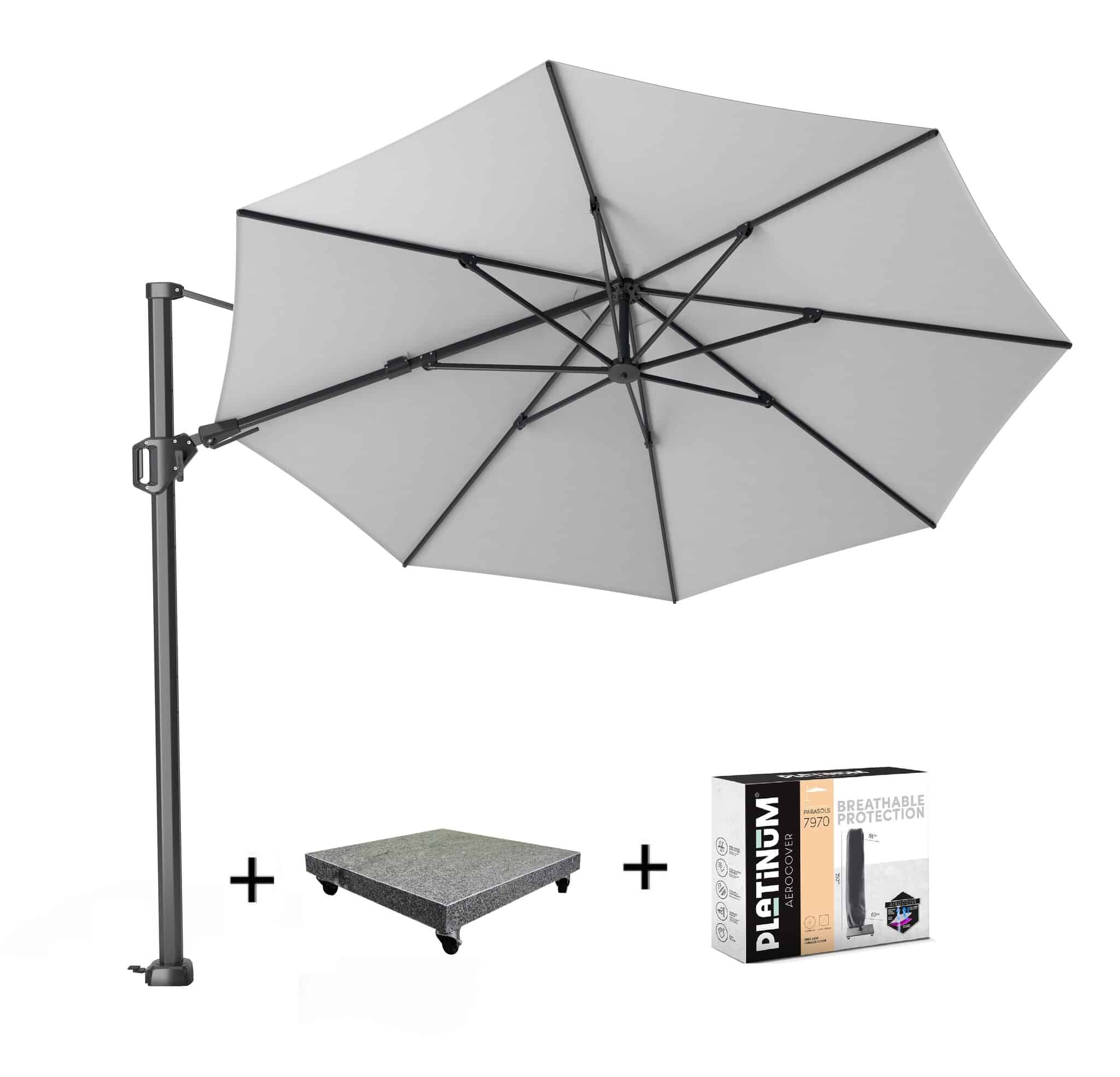 challenger t2 zweefparasol 350 cm rond wit met 90kg voet en hoes