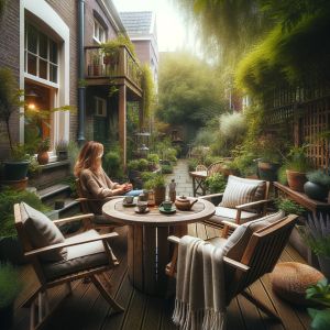 Vrouw ontspant in groene stadstuin met terrasmeubels