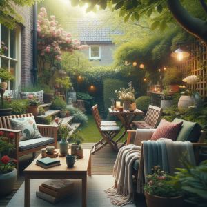 Gezellige tuin met houten meubels en bloemen.