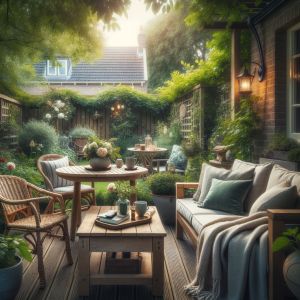 Gezellige tuin met houten meubels en groene planten