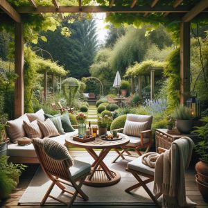 Gezellige tuin met houten terras en groene planten