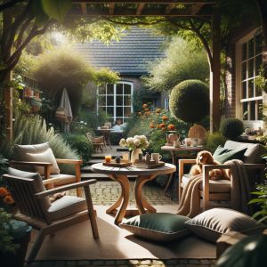 Gezellige tuin met houten meubels en zonlicht