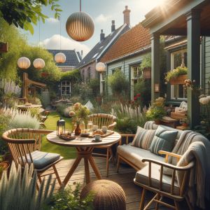 Zonnige tuin met houten terras en tuinmeubels