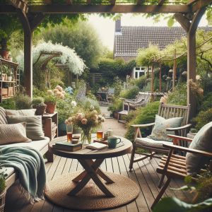 Gezellige tuin met houten terras en bloemen.