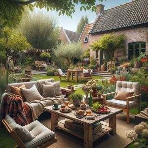 Gezellige tuin met zithoek en groene planten