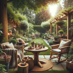 Gezellige tuin met houten meubels en groene planten