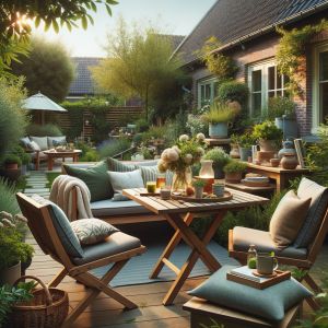 Zonnig terras met houten tuinmeubelen en groene planten