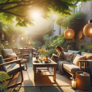 Vrouw leest boek in zonnige tuinlounge