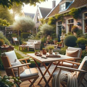 Gezellige tuin met houten meubels en groene planten