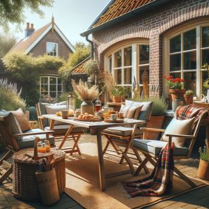 Gezellige tuin met zithoek en ontbijttafel bij huis