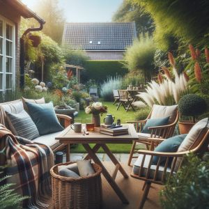 Gezellige tuin met houten tuinmeubelen en bloemen.