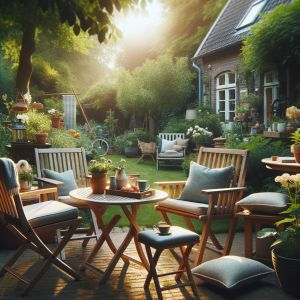 Gezellige tuin met houten tuinmeubelen en planten