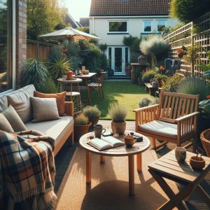 Zonnige achtertuin met houten tuinmeubels en planten
