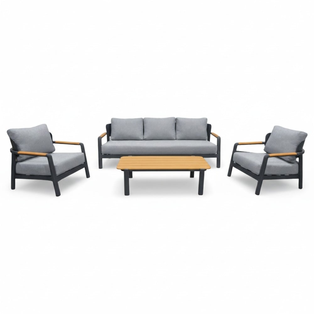 marbella stoel bank loungeset 5 personen | aluminium + teak | antraciet | 4 delig