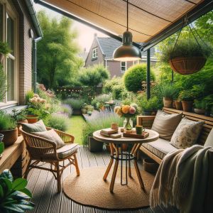 Gezellige tuin met zithoek en groene planten