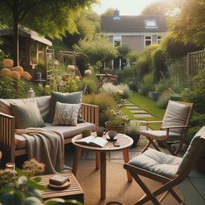 Zonnige tuin met houten tuinmeubels en groene planten
