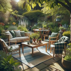 Zonnig terras met houten tuinmeubels en groene planten