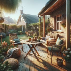 Gezellige houten terras met tuinmeubilair en planten
