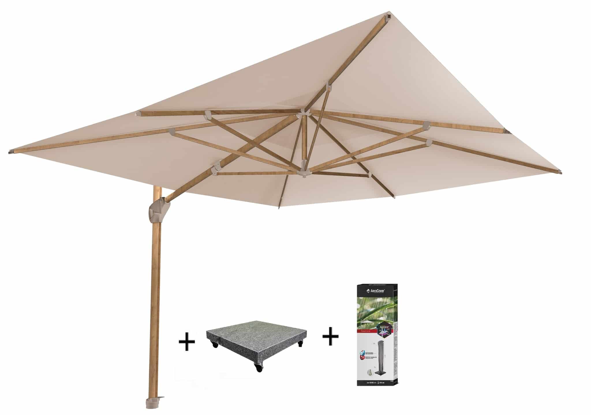 hacienda zweefparasol 300×400 cm houtlook zand 4 seasons outdoor met 120 kg voet en hoes