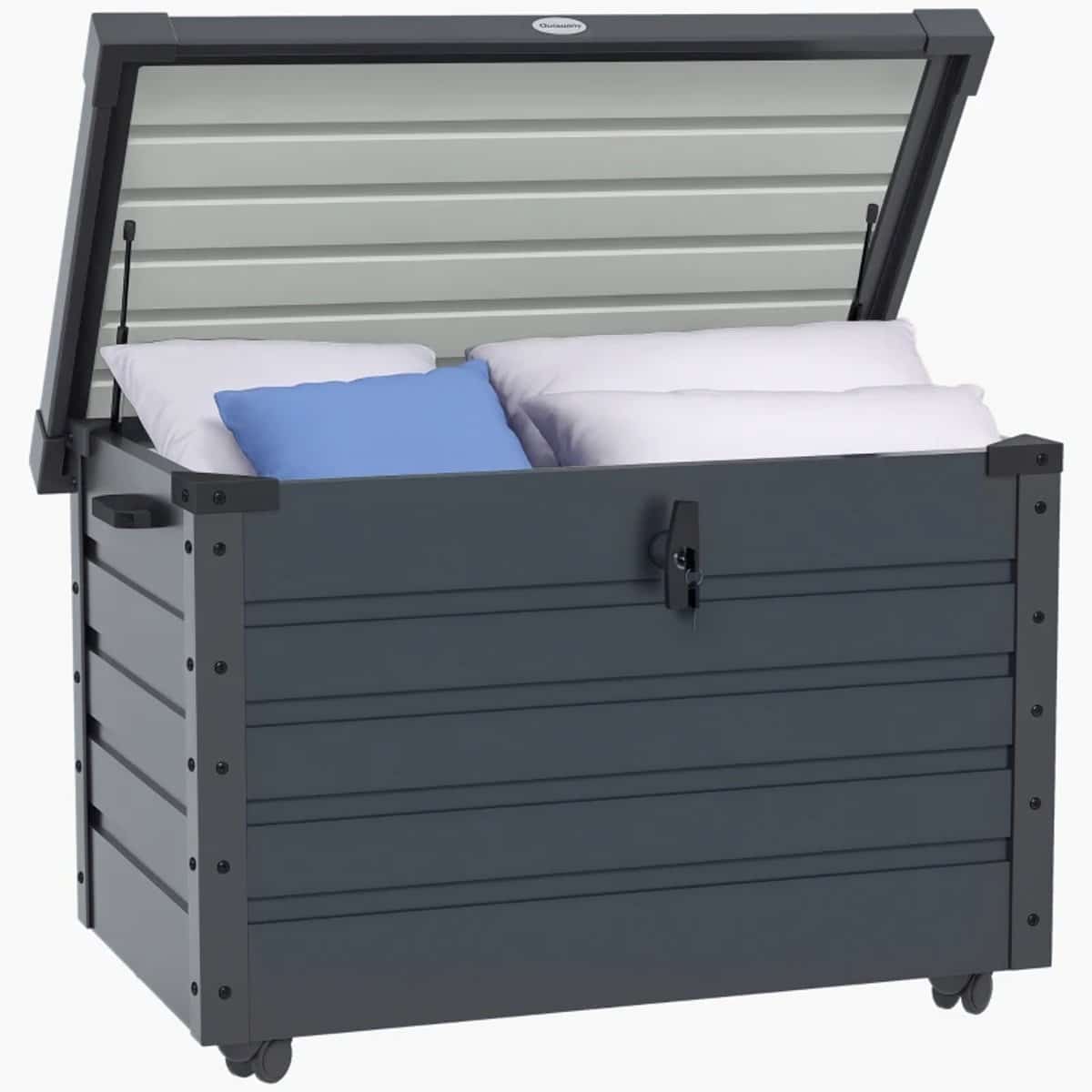 opbergbox met deksel tuinkussenbox met wielen kussenbox 295l tuinbox 100x62x65cm weersbestendig voor buiten in de tuin donkergrijs