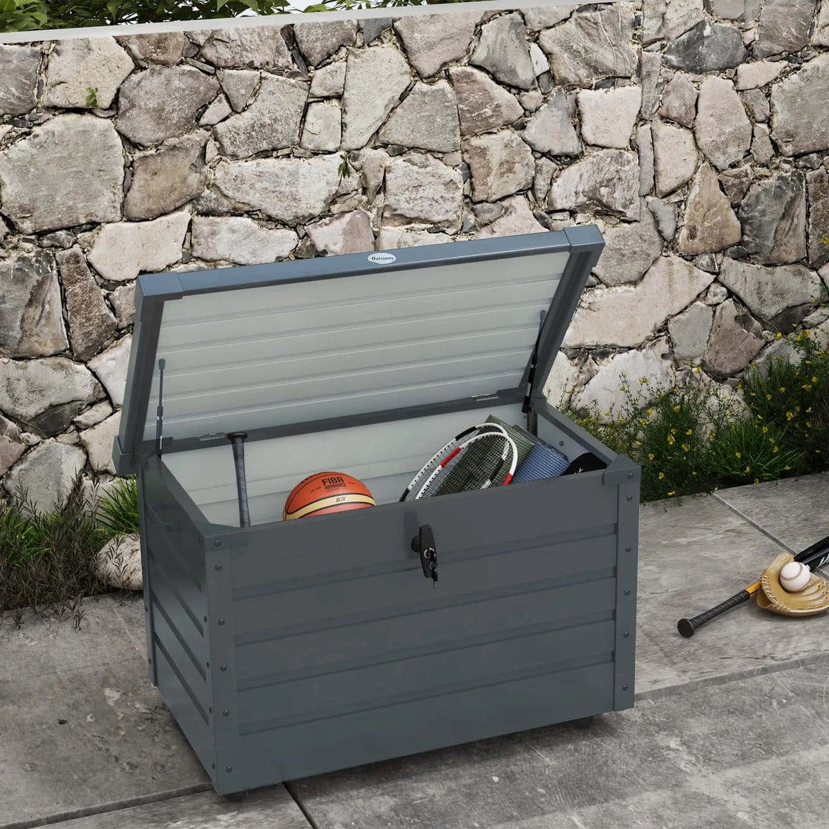 pugsdrly opbergbox voor buiten, tuinbox, kussenbox, weerbestendig, 4 wieltjes, 100 cm x 62 cm x 65 cm, donkergrijs