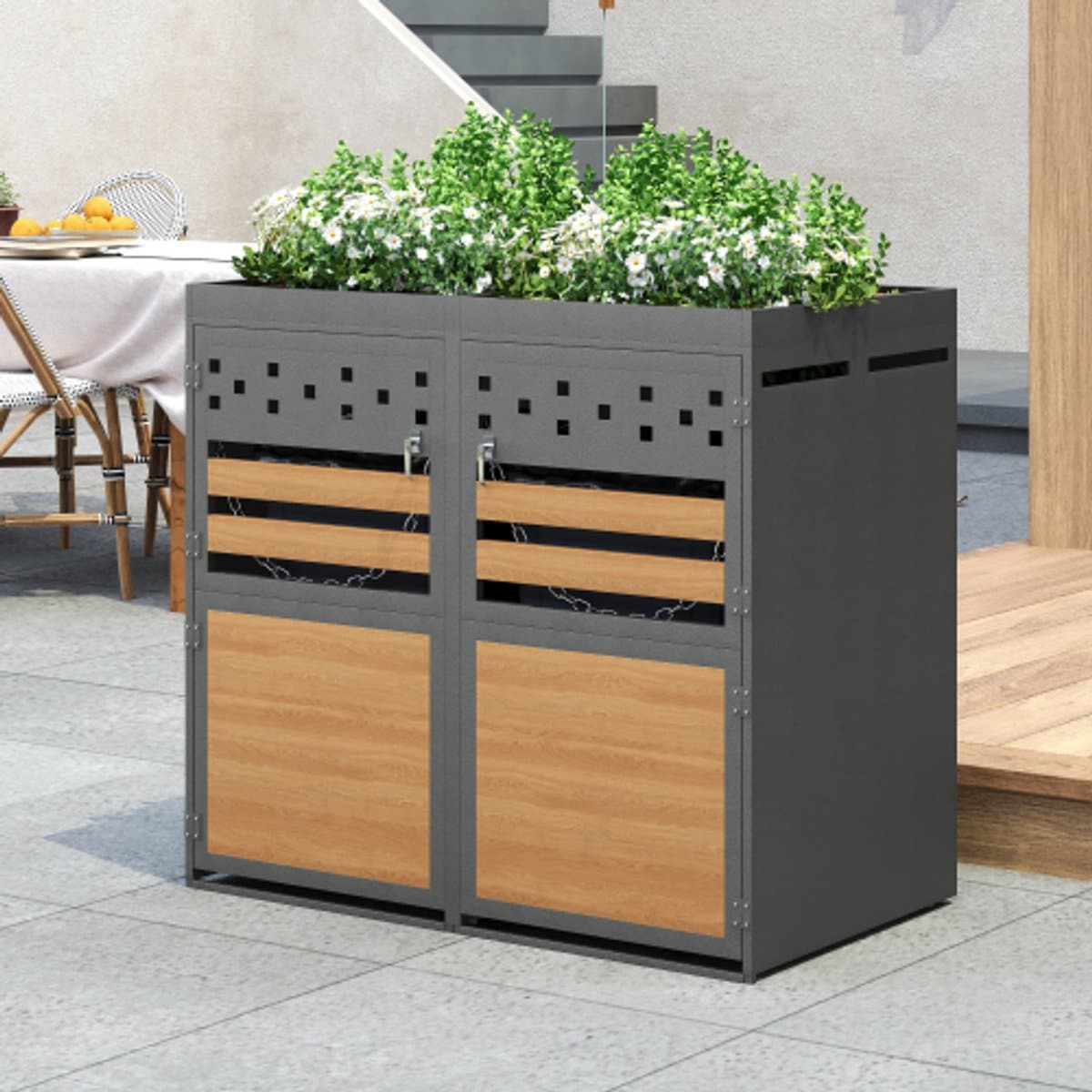 re purelife® afvaltonnen kast set van 2 120 240 liter containerombouw & containerberging grijs met hout look
