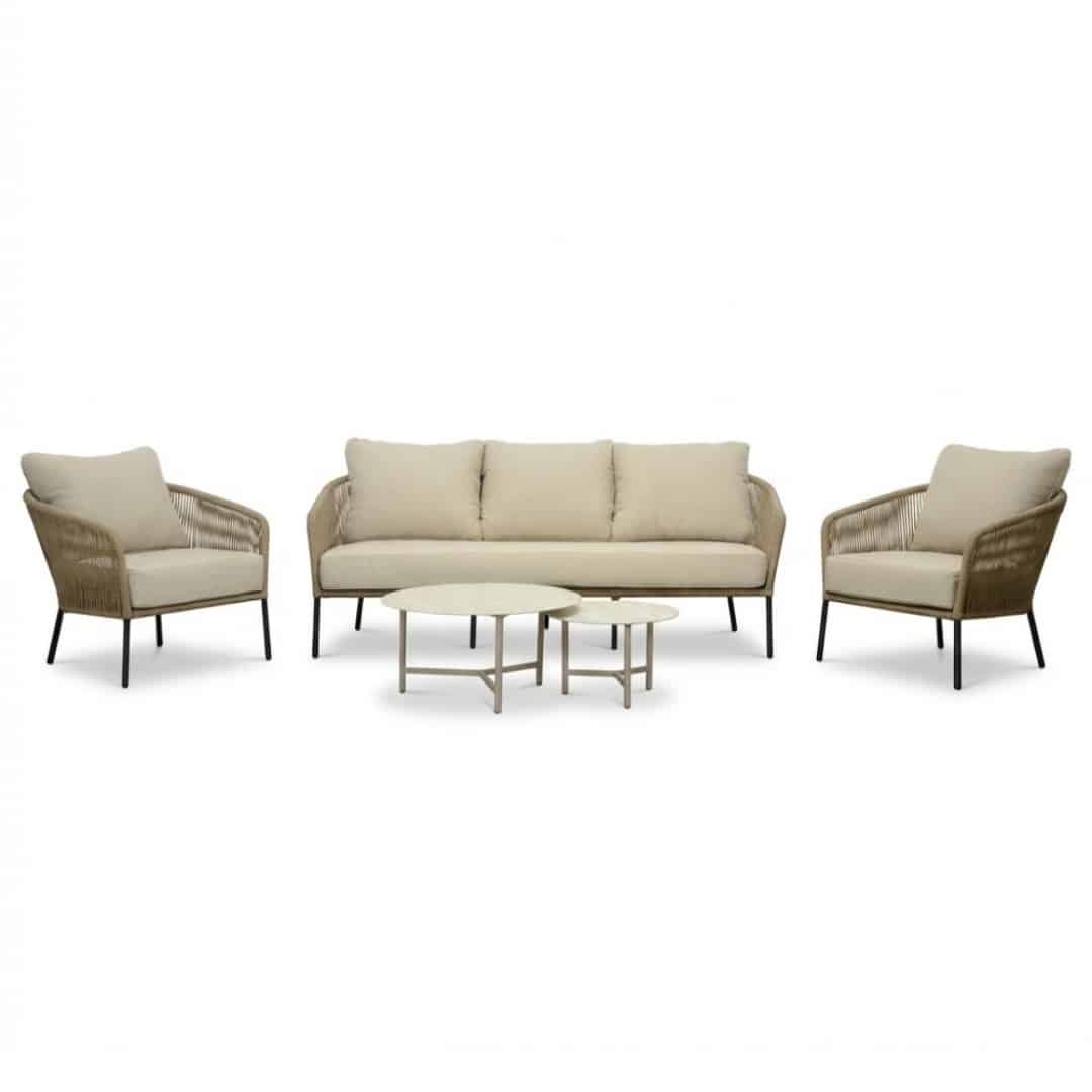 mara stoel bank loungeset 5 personen incl. logan tafels | touw + aluminium | sahara dust | 5 delig