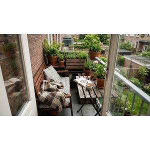 Gezellig balkon met planten en houten zitbank