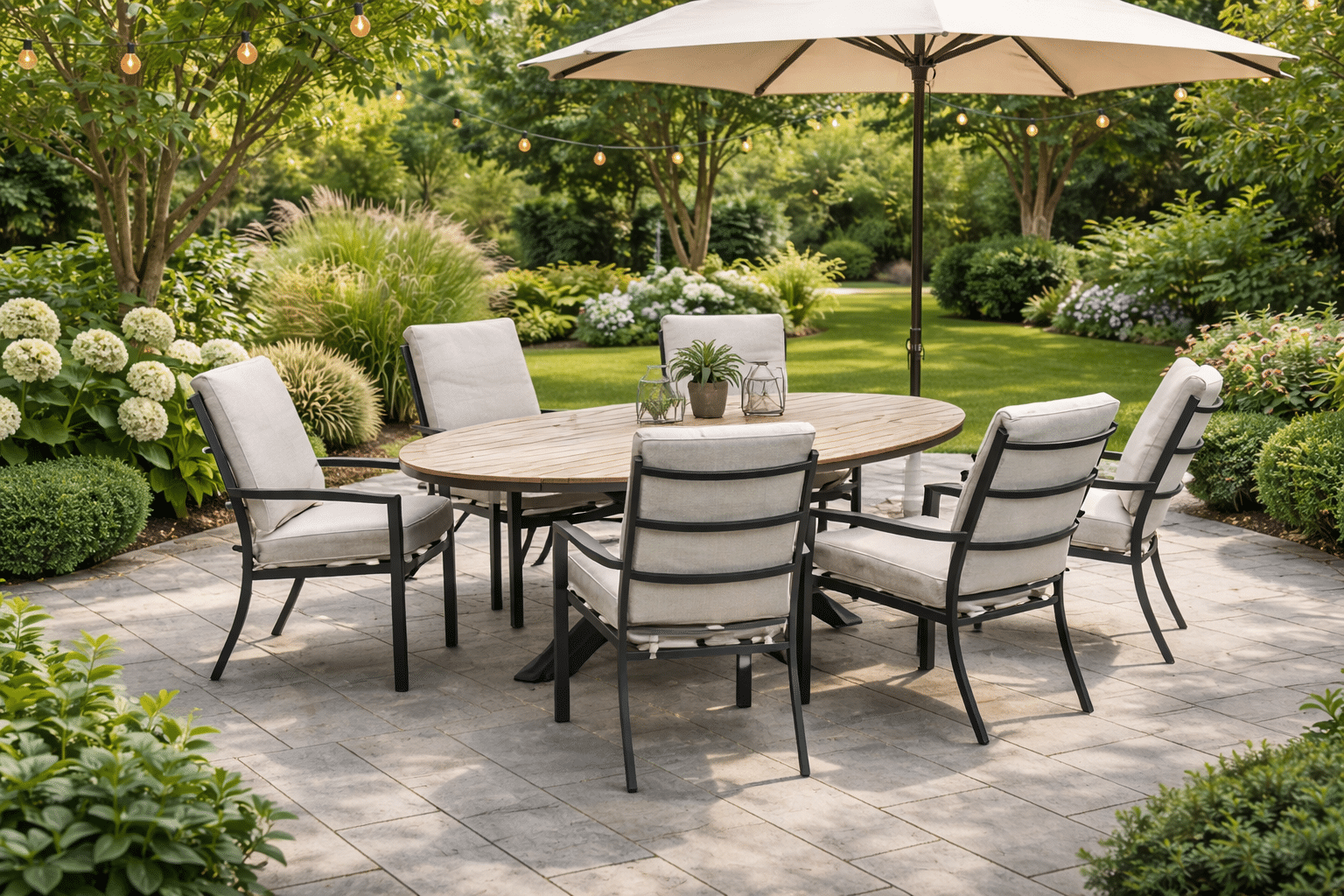garden impressions luma diningset carbon black light teak tafel en 6 carbon black desert sand fauteuils