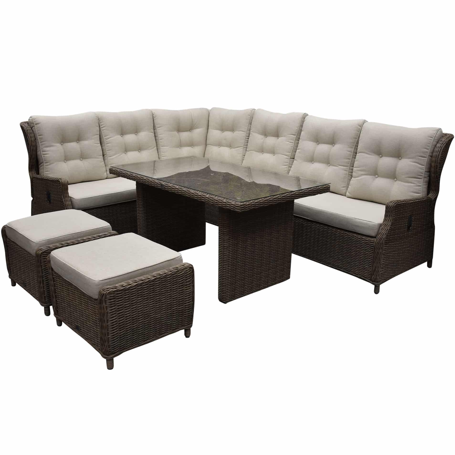 ibiza dining hoek loungeset 7 delig verstelbaar bruin wicker | naturel mixed weave kussens
