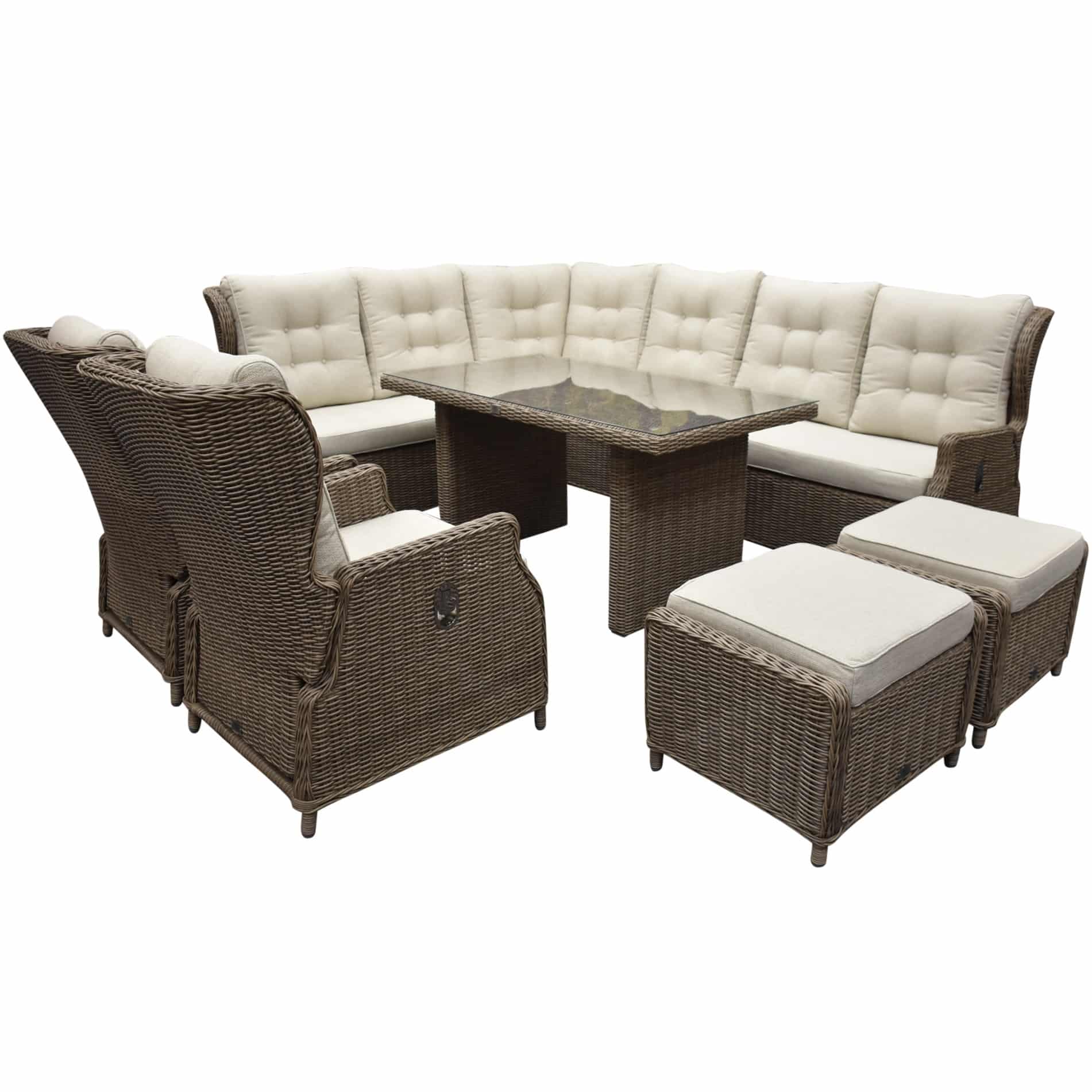 ibiza dining hoek loungeset 9 delig verstelbaar bruin wicker | naturel mixed weave kussens