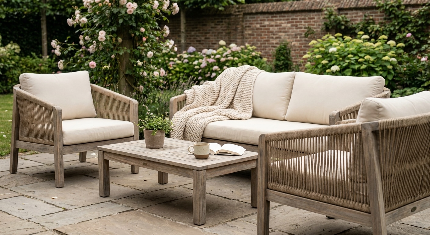 Houten loungeset in groene tuin met kussens
