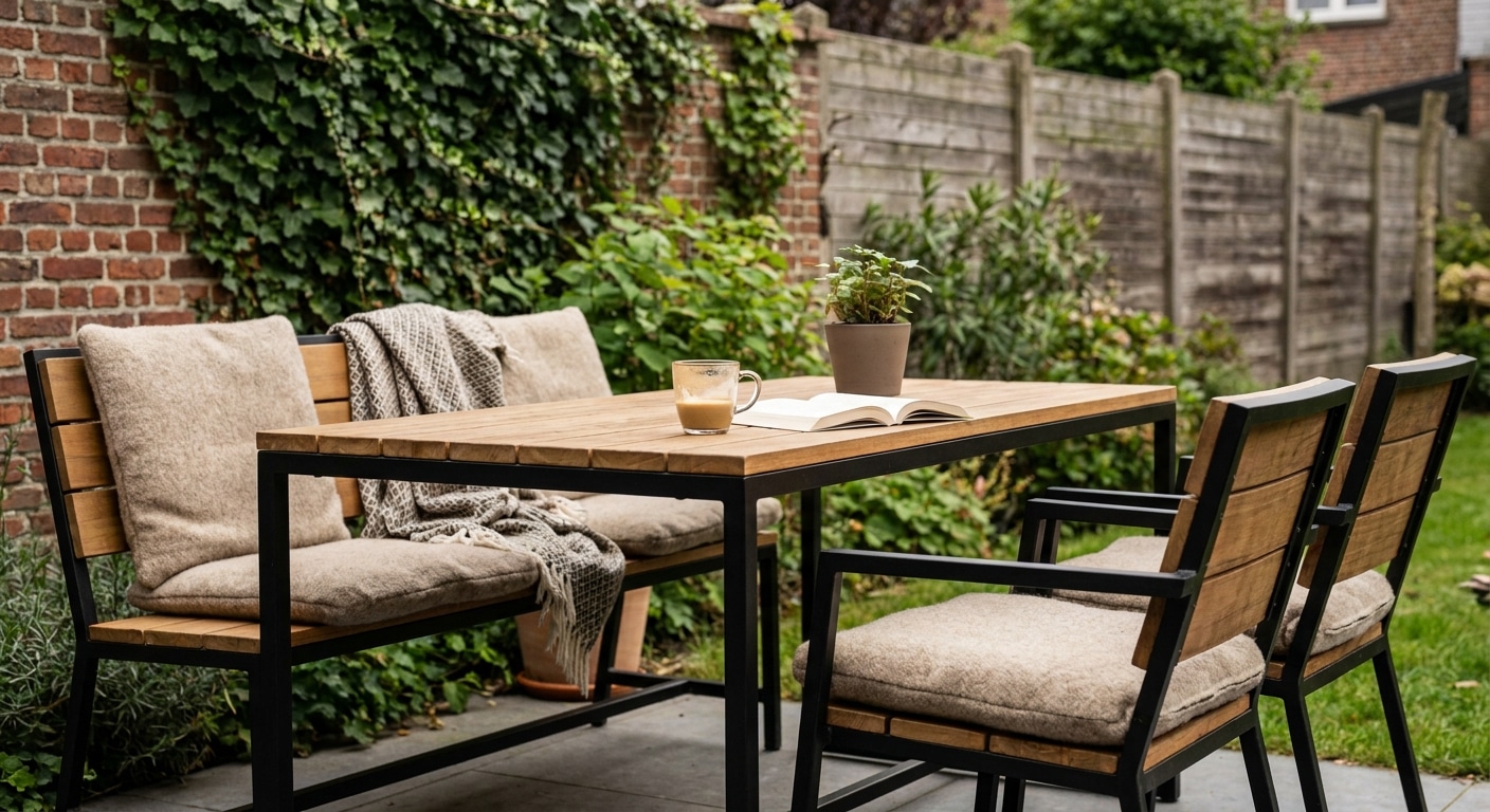 Gezellige tuinset met houten tafel en stoelen