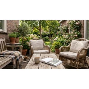 Gezellige tuinpatio met stoelen, boek en koffie