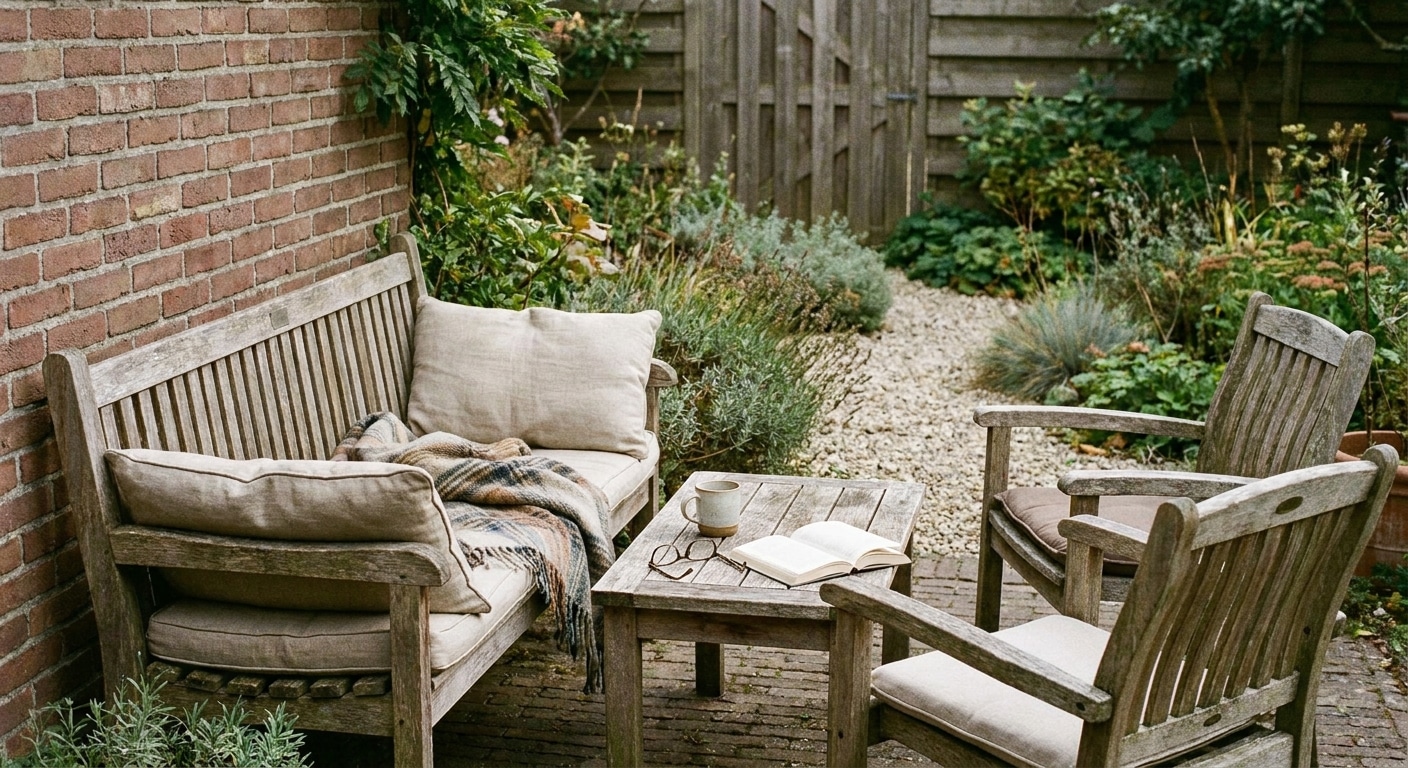 Gezellige tuinset met houten bank en stoelen