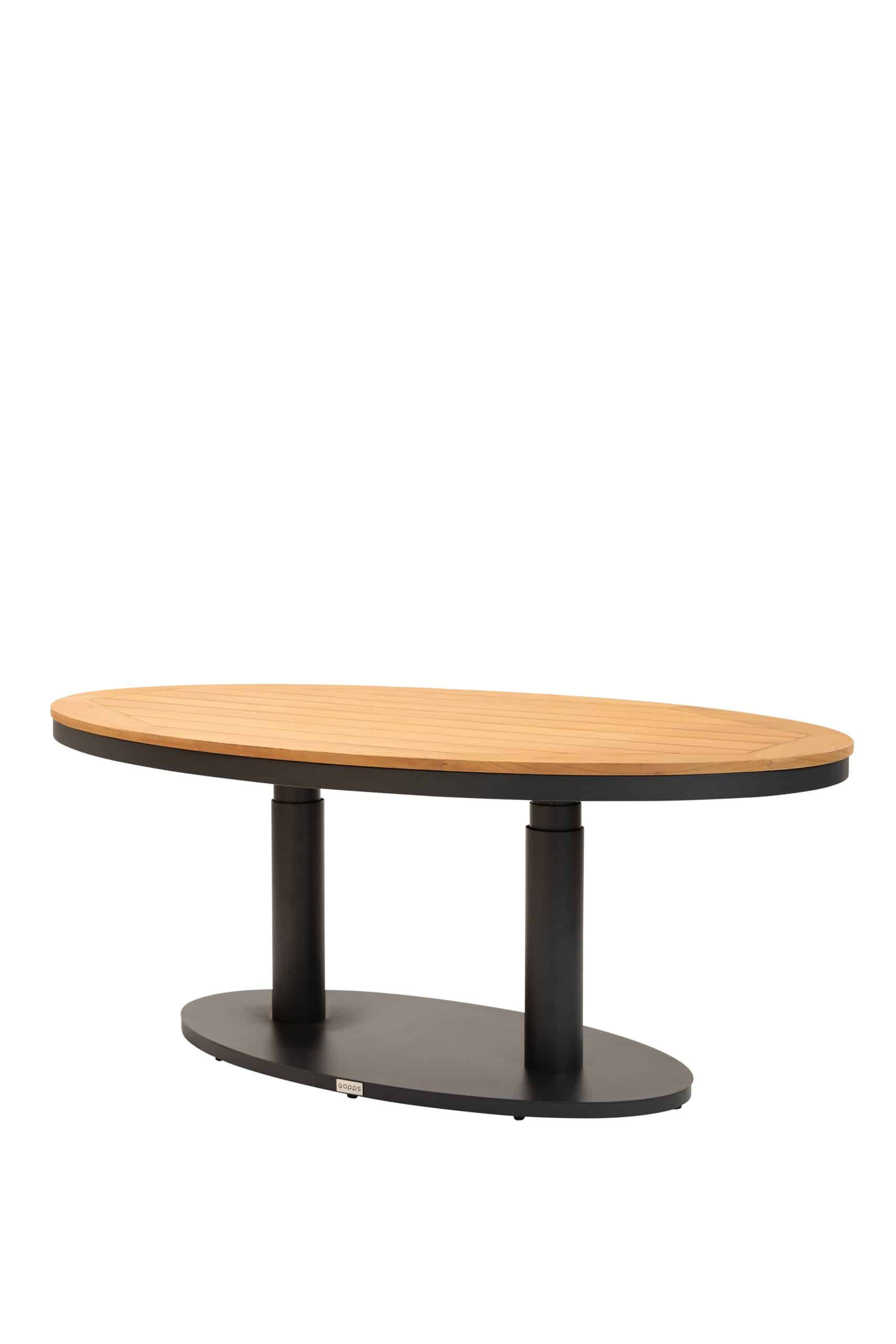 woldo in hoogte verstelbare tafel ovaal 150 x 90 met teak blad