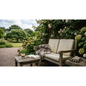 Houten tuinbank met boek en koffie