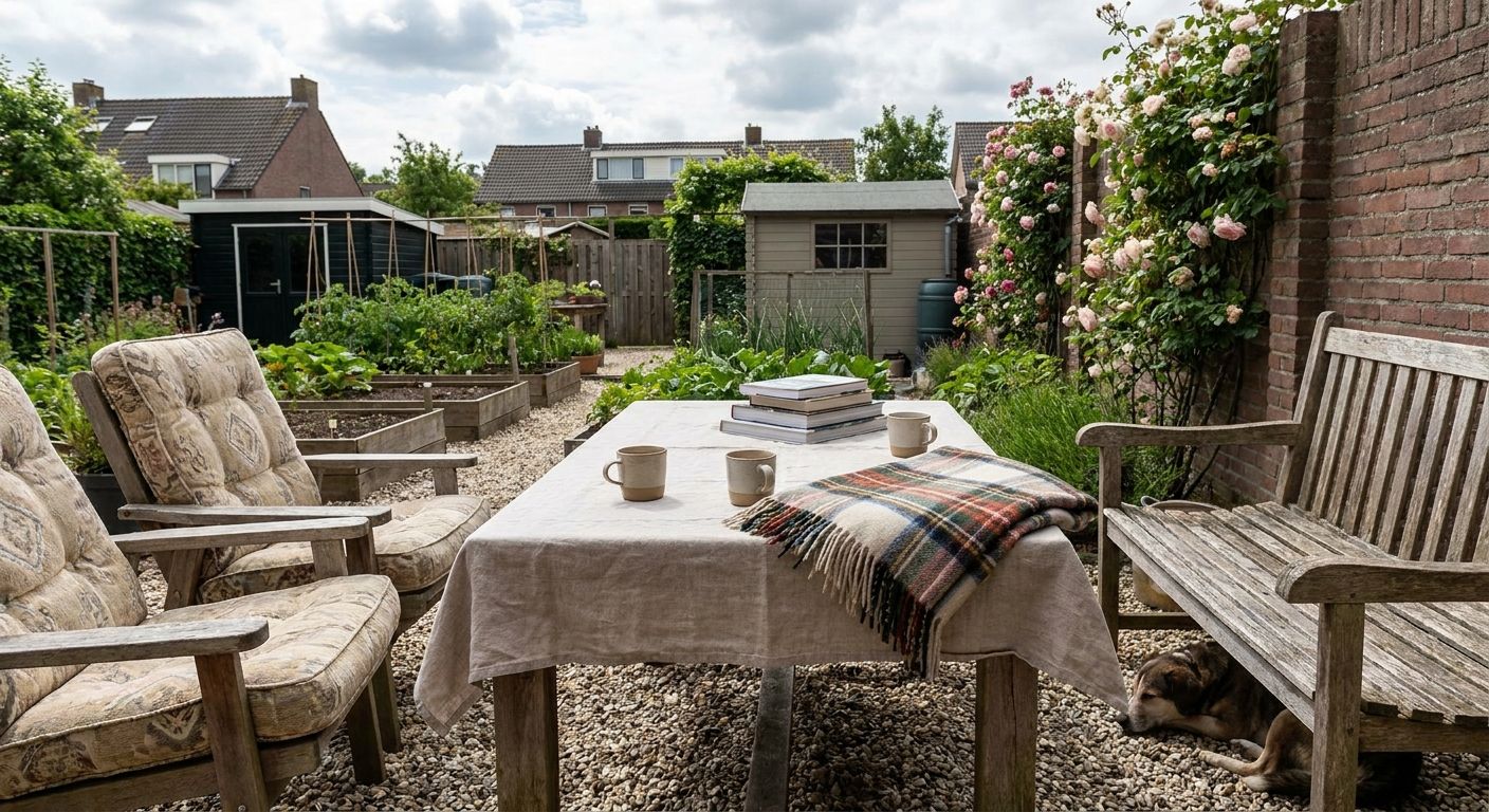 Gezellige achtertuin met tafel, stoelen en moestuin
