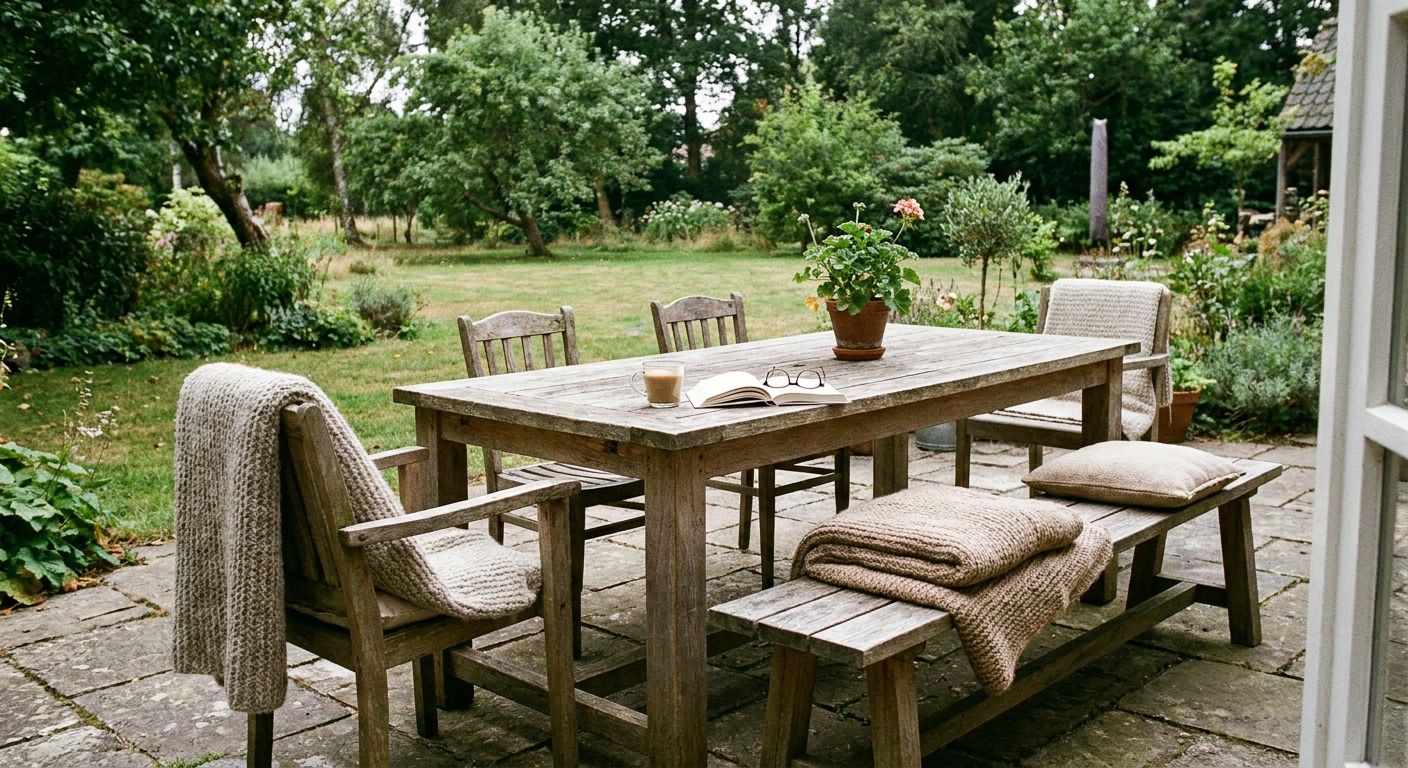 Rustieke houten tuintafel met stoelen en tuin