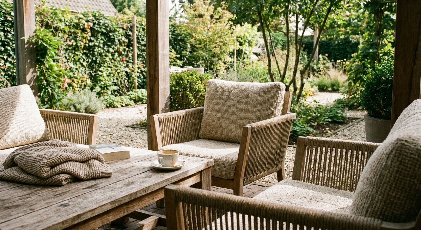 Gezellige tuinset met houten stoelen en koffie