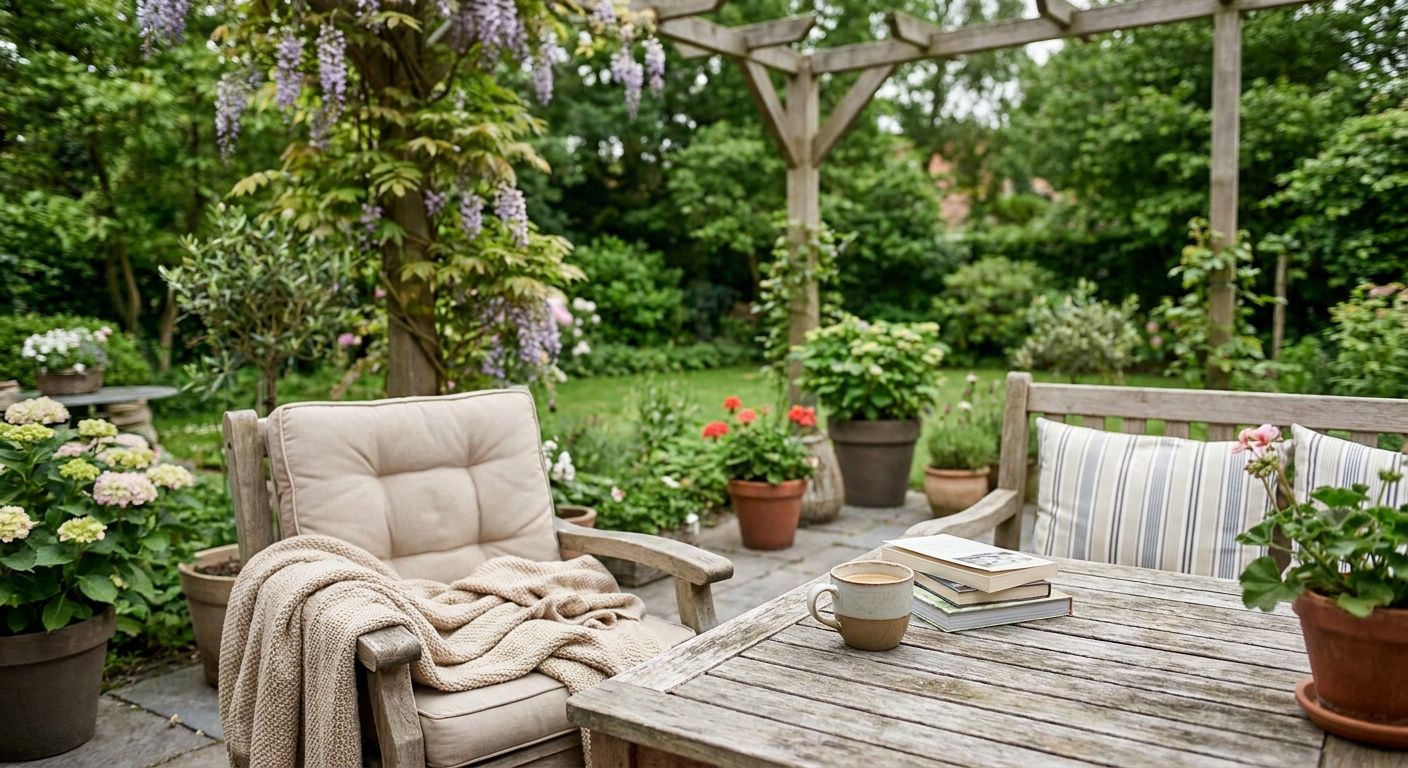 Gezellig tuin terras met houten meubels en bloemen