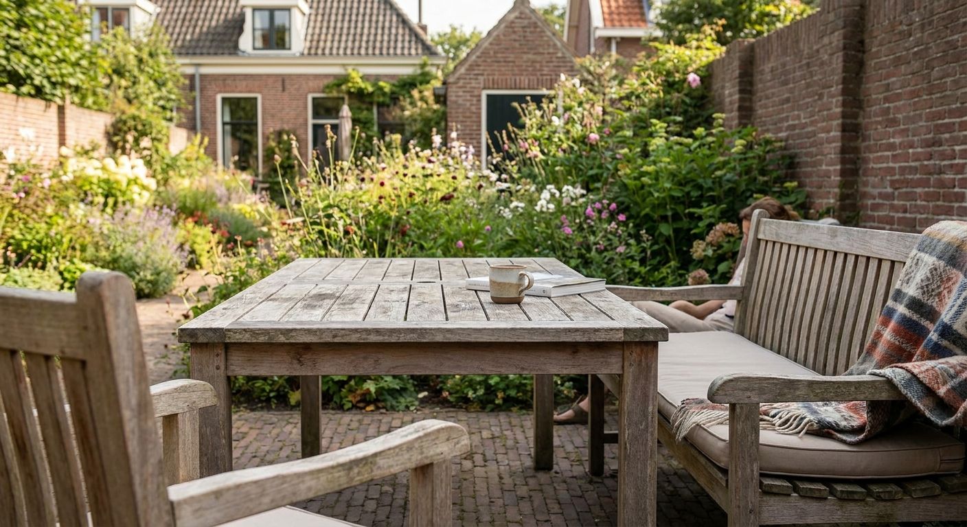 Gezellige tuin met houten tafel en bank
