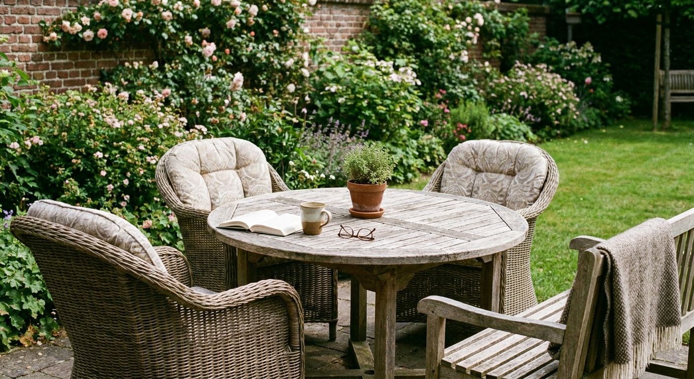 Gezellige tuinset met houten tafel en rotanstoelen