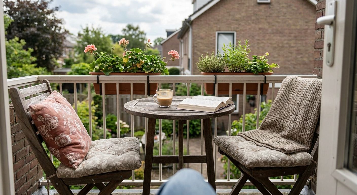 Gezellig balkon met stoelen, tafel, boek en koffie