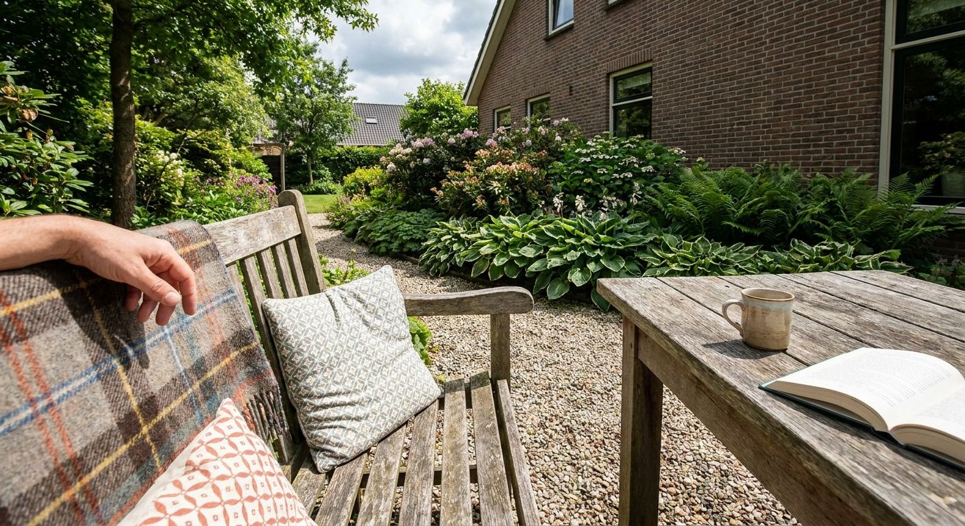 Gezellige tuin met houten bank, boek en koffie
