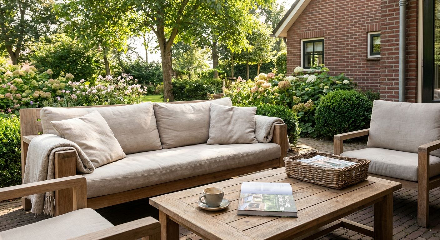 Houten loungeset in groene tuin bij bakstenen huis