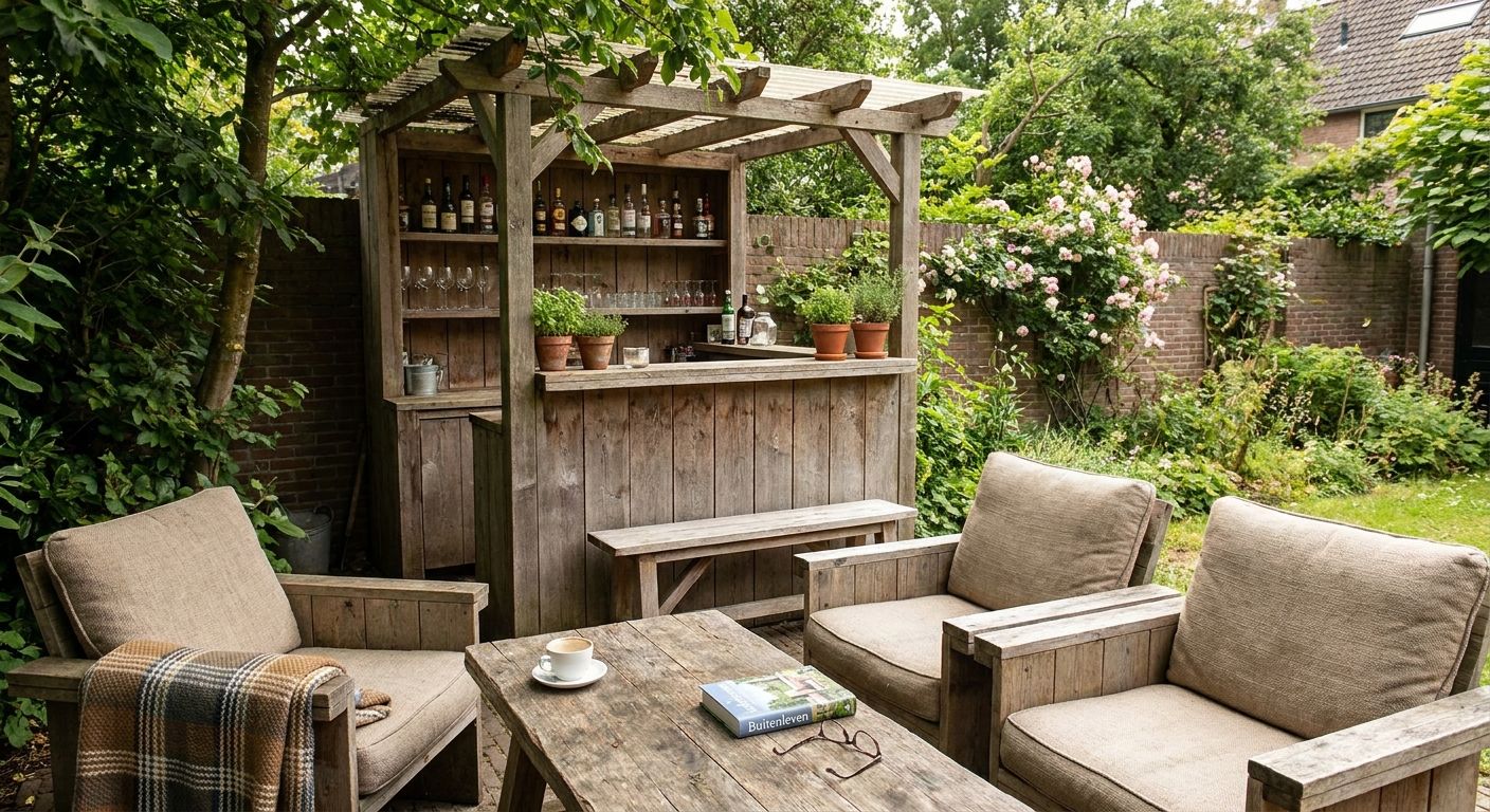 Houten tuinbar met loungehoek in groene tuin