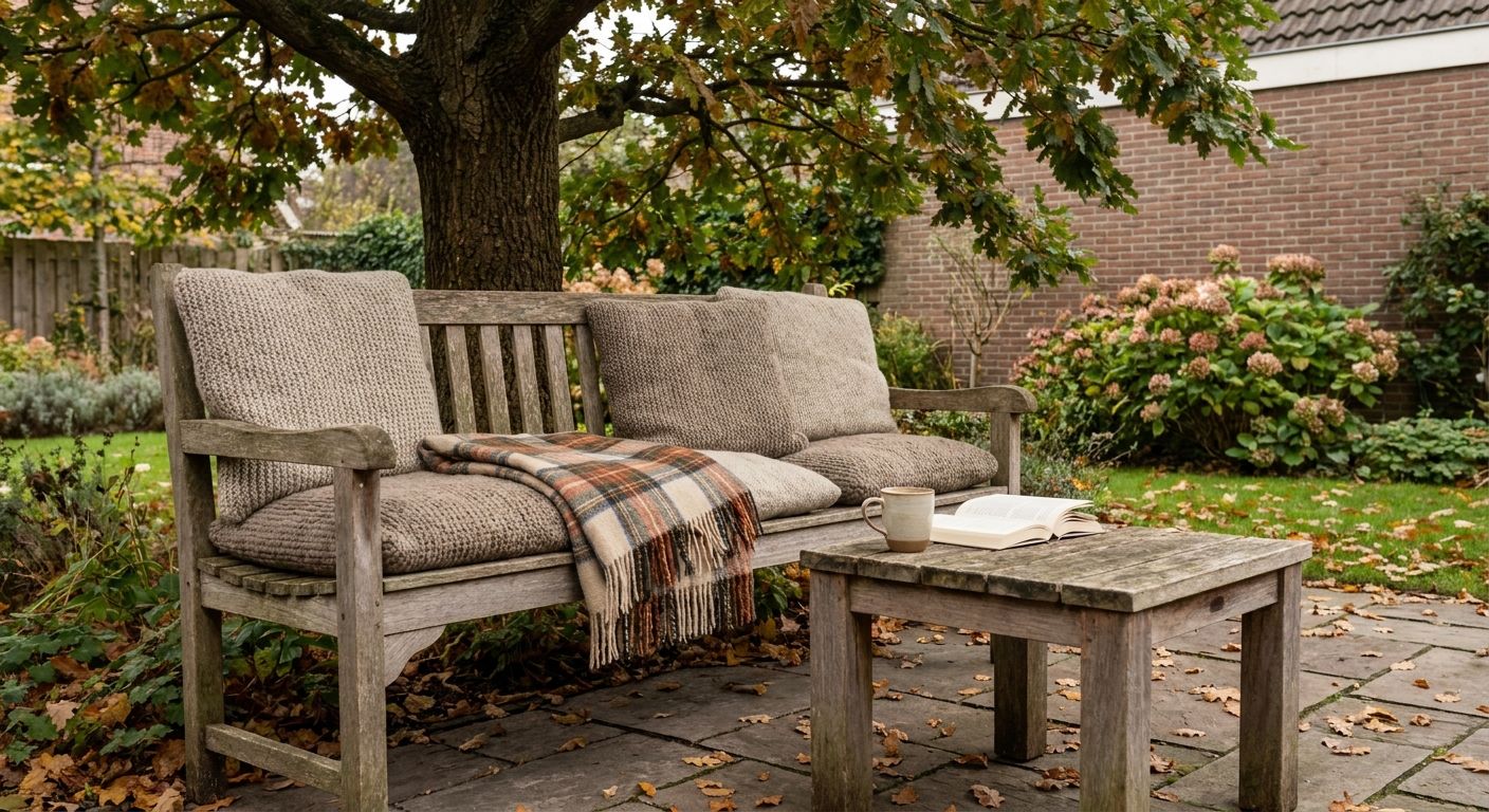 Houten tuinbank met kussens en plaid in herfsttuin